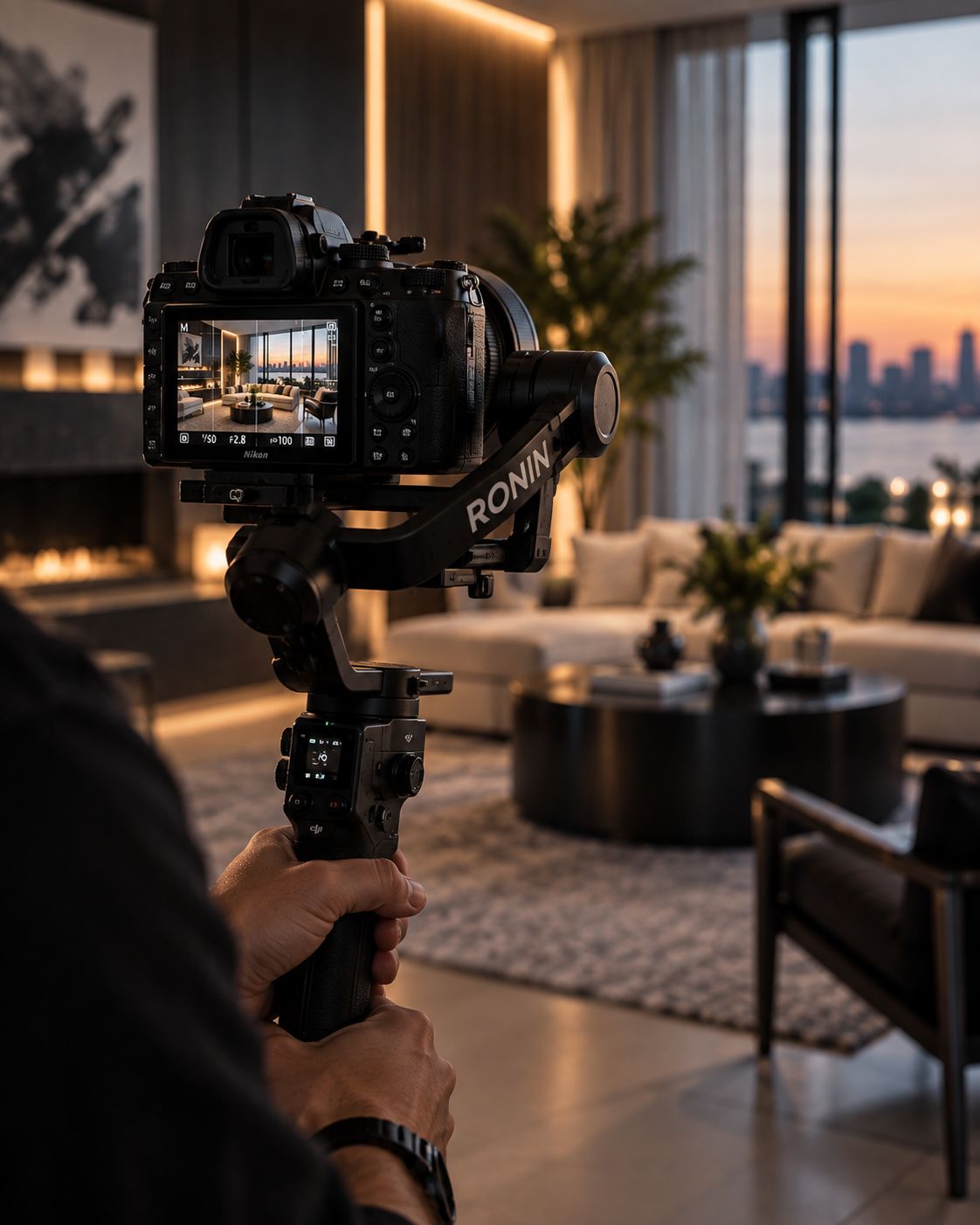 A gimbal-mounted camera framing a modern living room interior at dusk, city skyline visible through floor-to-ceiling windows beyond.