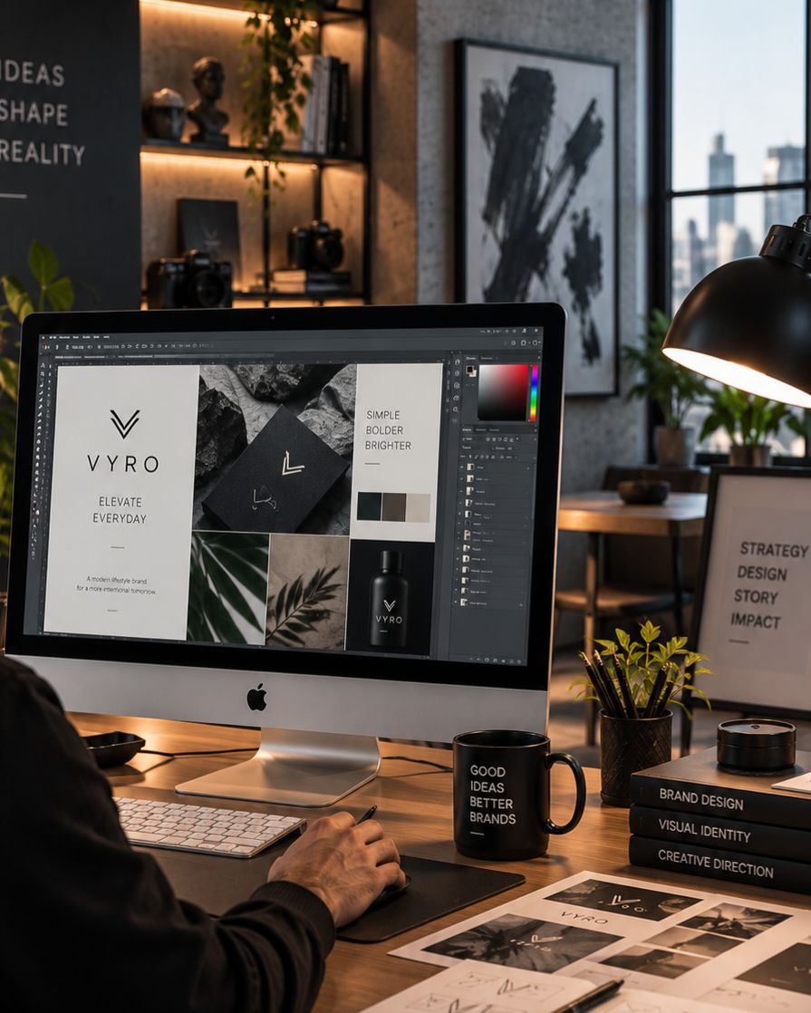 A brand identity project for "VYRO" open in Photoshop on a desktop monitor, showing a moodboard, logo mark, and product packaging mockup.