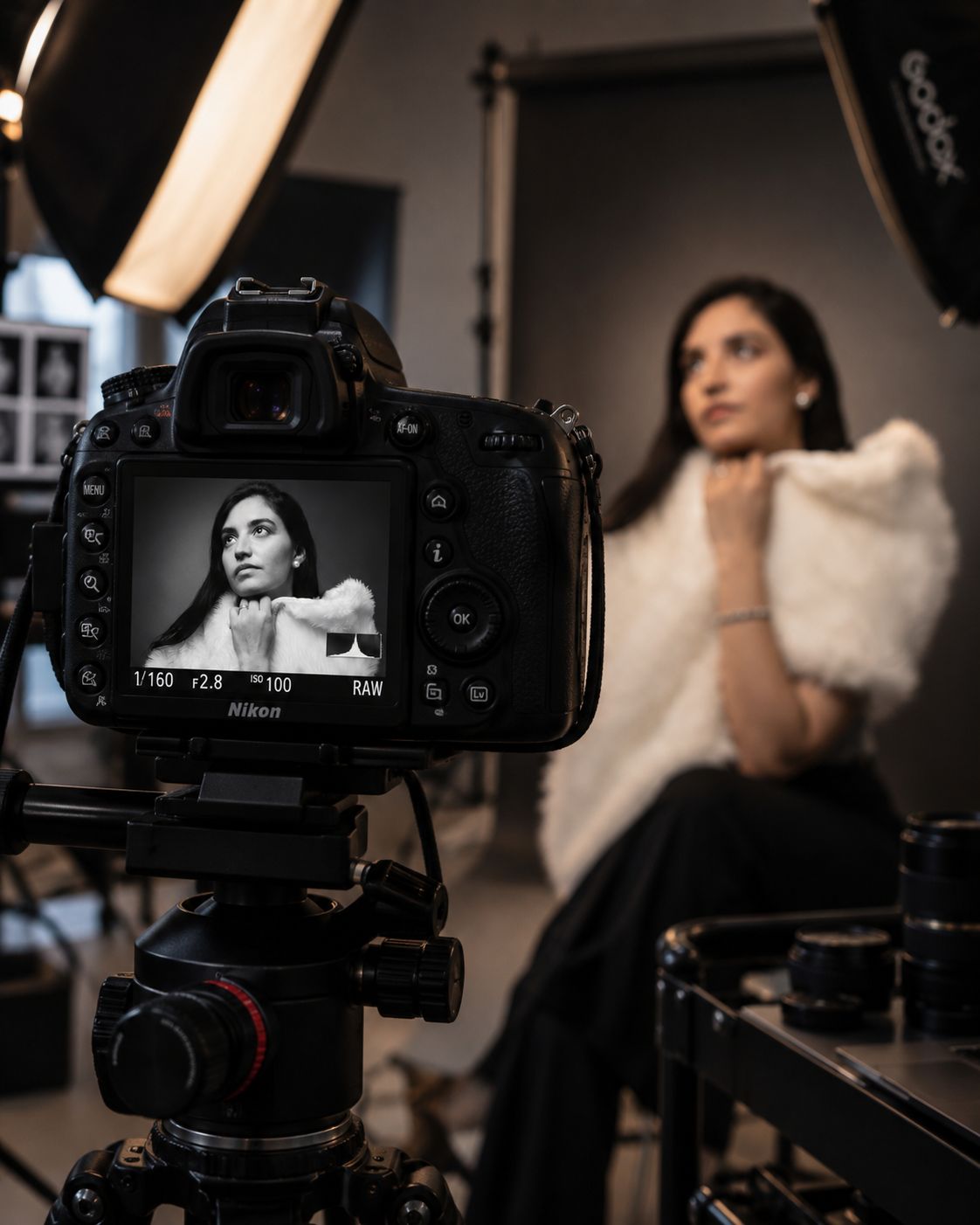 Behind-the-scenes portrait shoot: a Nikon camera on a tripod, its LCD showing the black-and-white portrait in progress, with the model posing in soft studio light behind it.