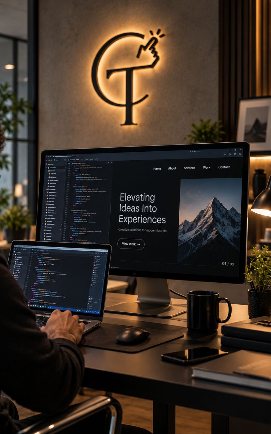 A developer building a website across two screens beneath the illuminated Creative Touch Media logo, code open alongside a live preview of the site.